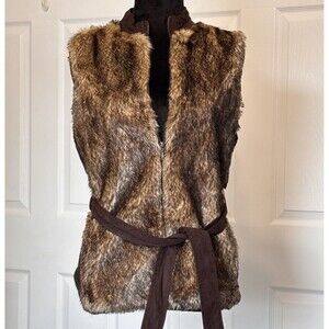 THE LIMITED Women's Brown Faux Fur Full Zip Vest Knit Back Belted Size XS
